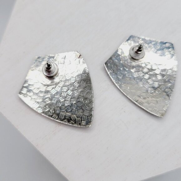 Vintage Silver Tone Cloisonne Bird & Flower Earrings Blue Enamel Shield Shape - Picture 4 of 4